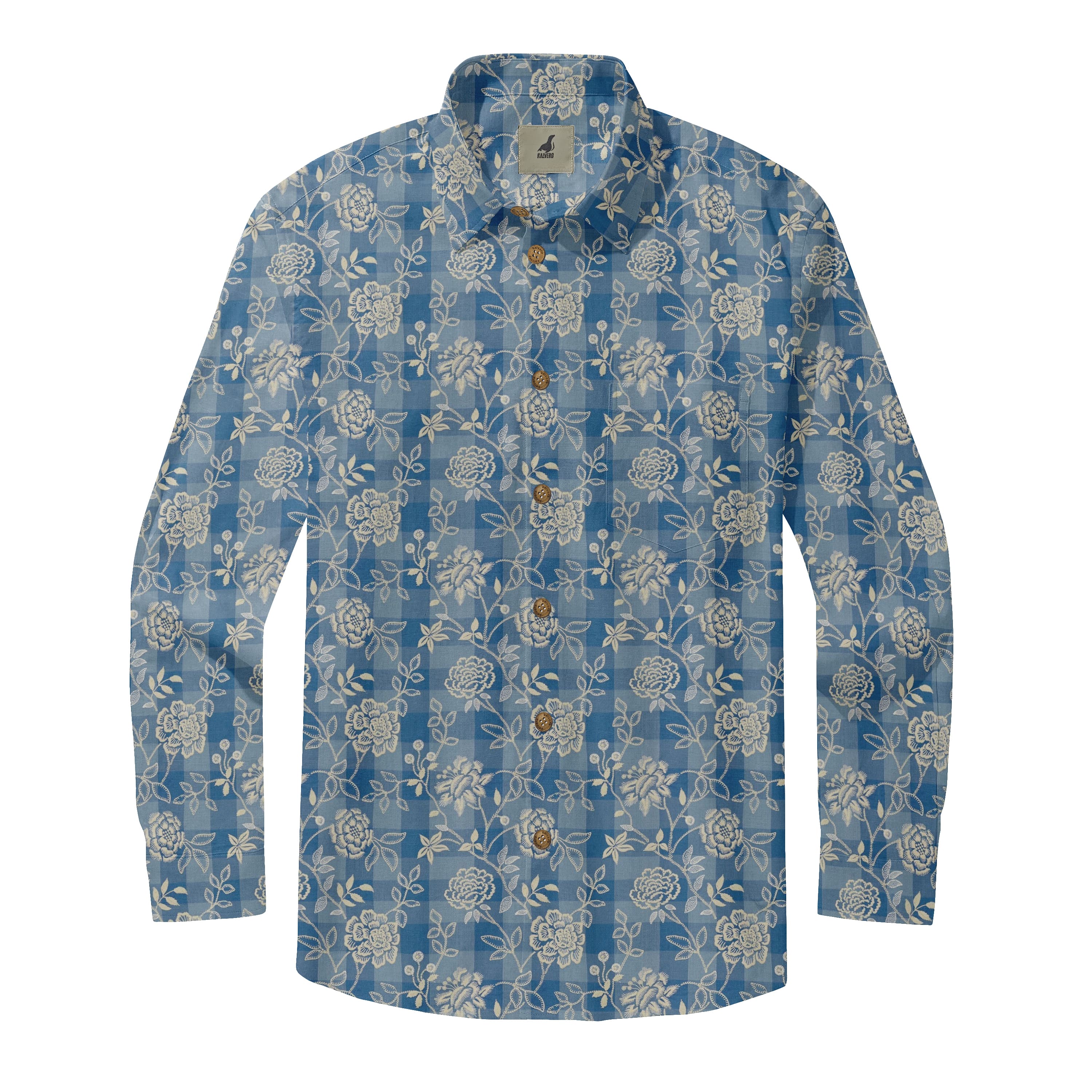 Blue Plaid Floral Long Sleeve Shirts