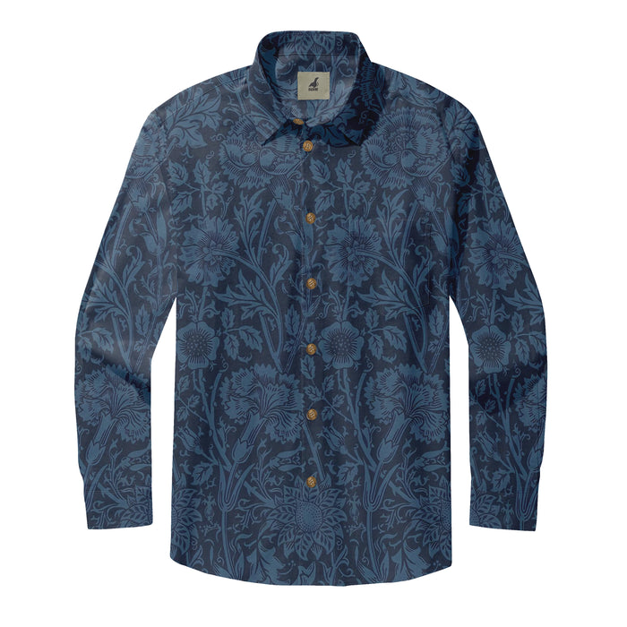 Dark blue floral patterned long-sleeve shirt with gold buttons.