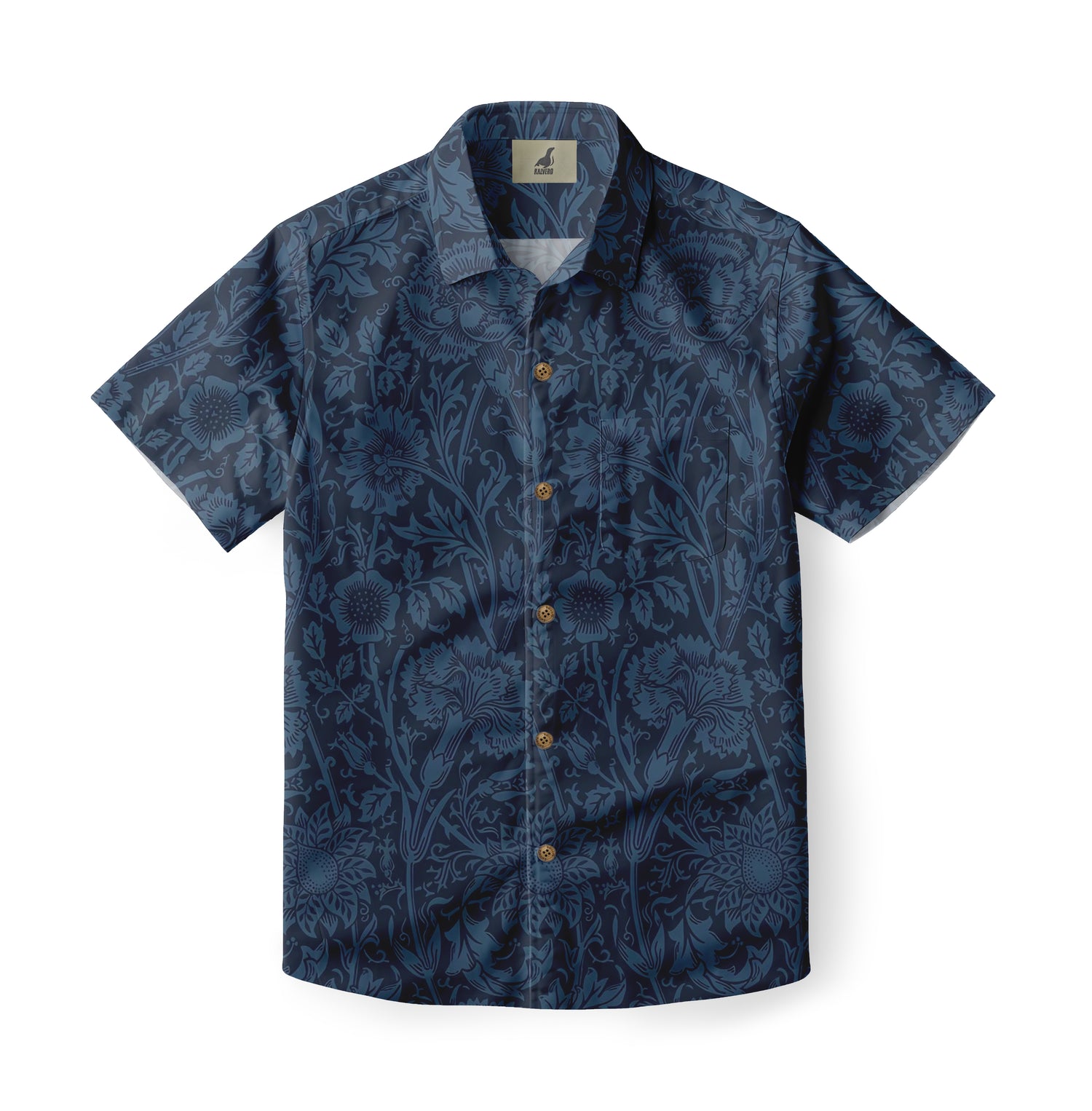 Dark blue short-sleeve shirt with floral pattern and wooden buttons.
