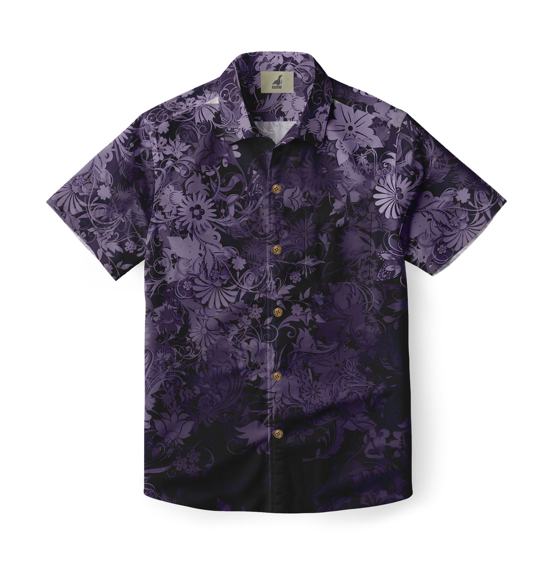 Purple floral patterned short-sleeve shirt with gold buttons.