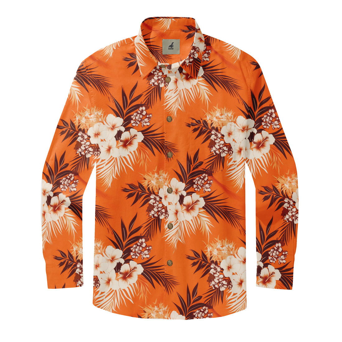 Orange long-sleeve shirt with tropical floral print and button-down.