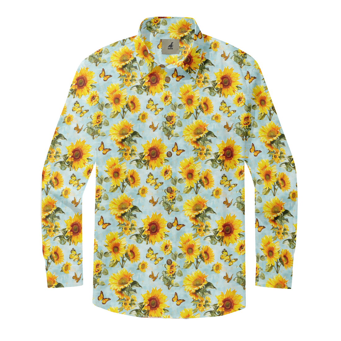 Light blue long-sleeve shirt with vibrant sunflower and butterfly.