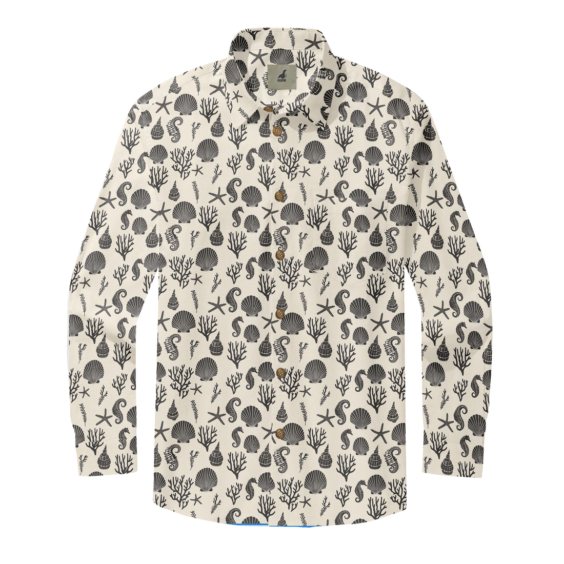 Cream shirt with black sea-themed print, featuring shells, starfish.