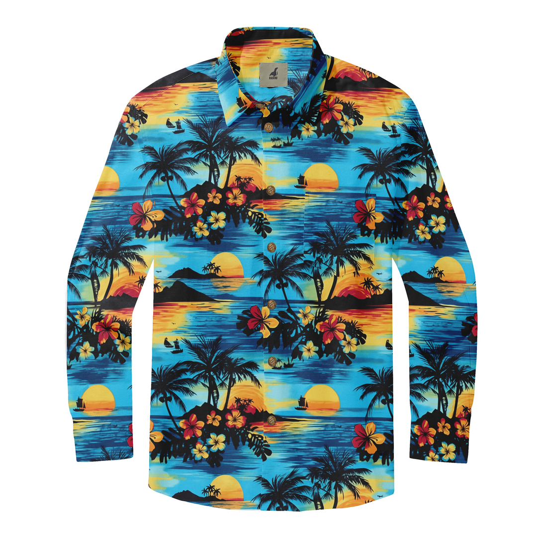 Vibrant tropical shirt with palm trees, sunset, and floral patterns.