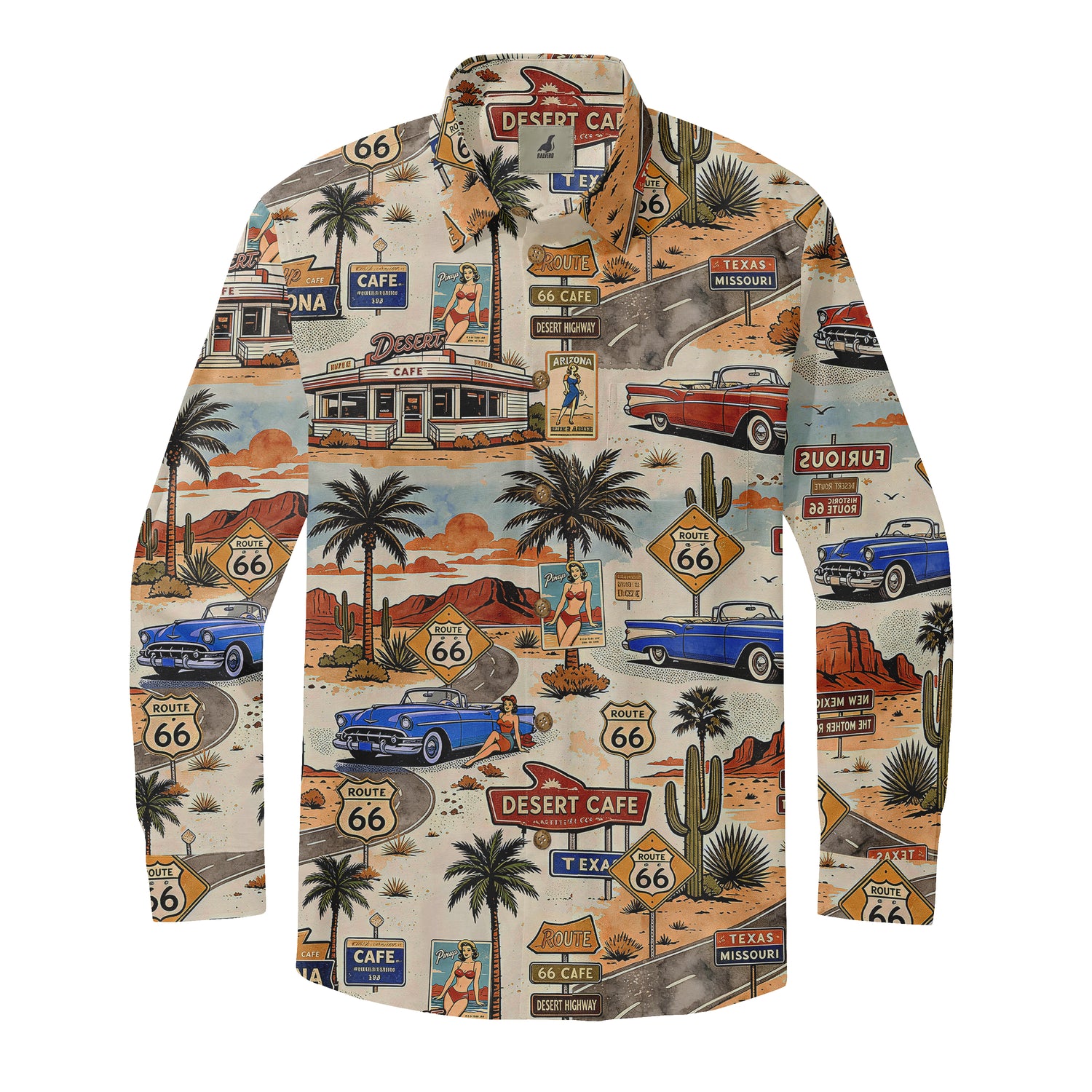 Men’s cream Route 66 long-sleeve shirt featuring classic cars, desert diners, highway signs, cacti, palm trees, and vintage artwork.