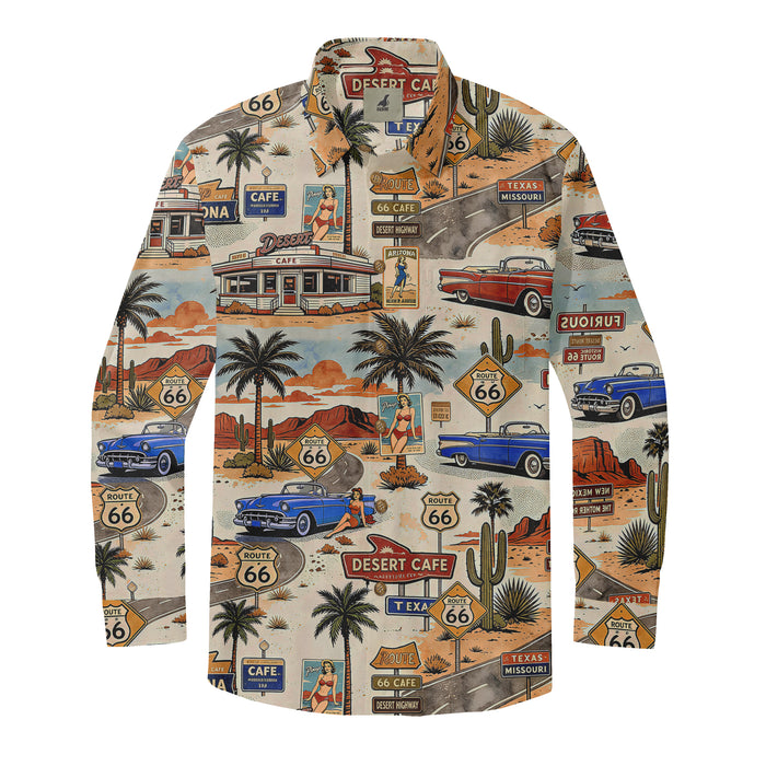 Men’s cream Route 66 long-sleeve shirt featuring classic cars, desert diners, highway signs, cacti, palm trees, and vintage artwork.