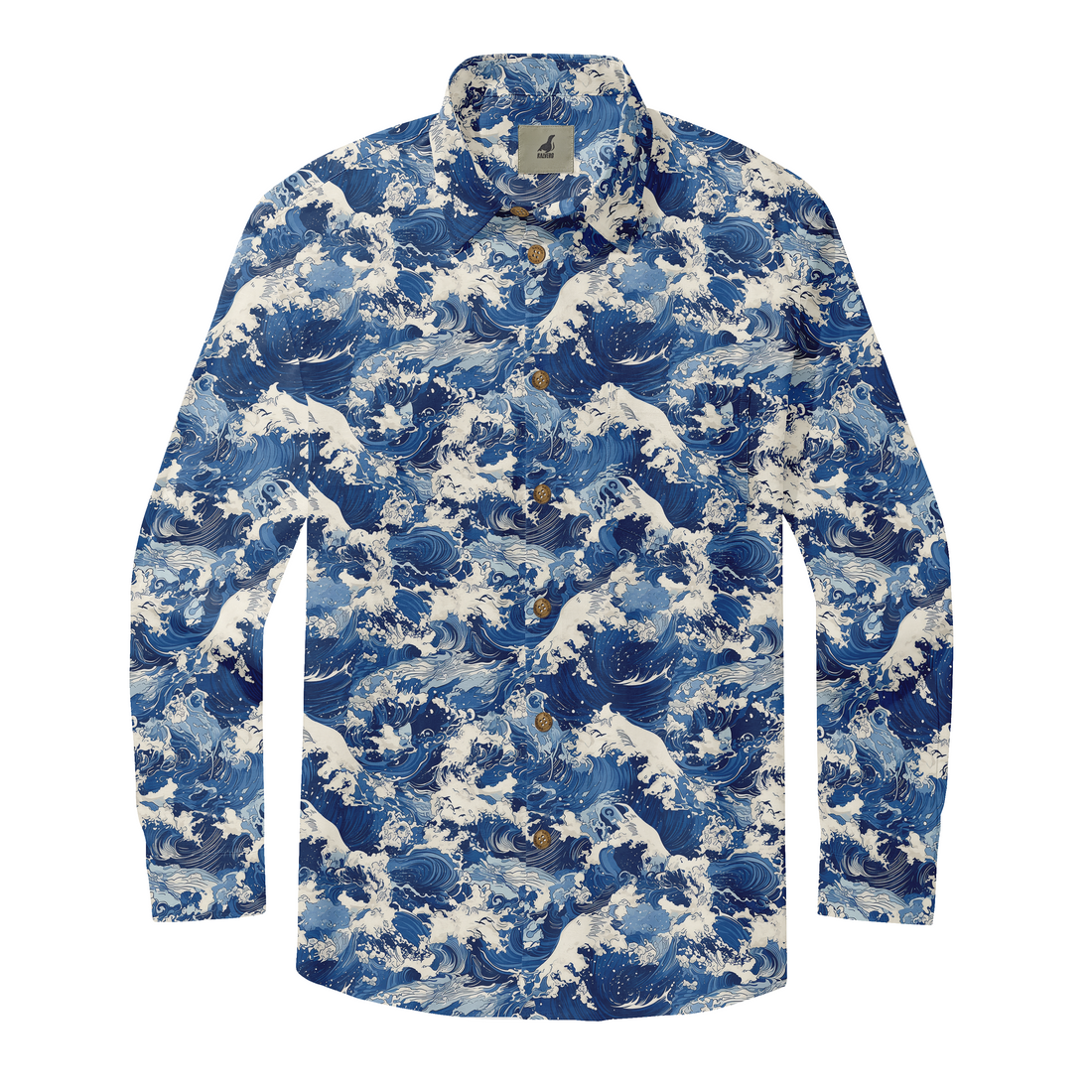 Blue wave pattern shirt with white foam design.