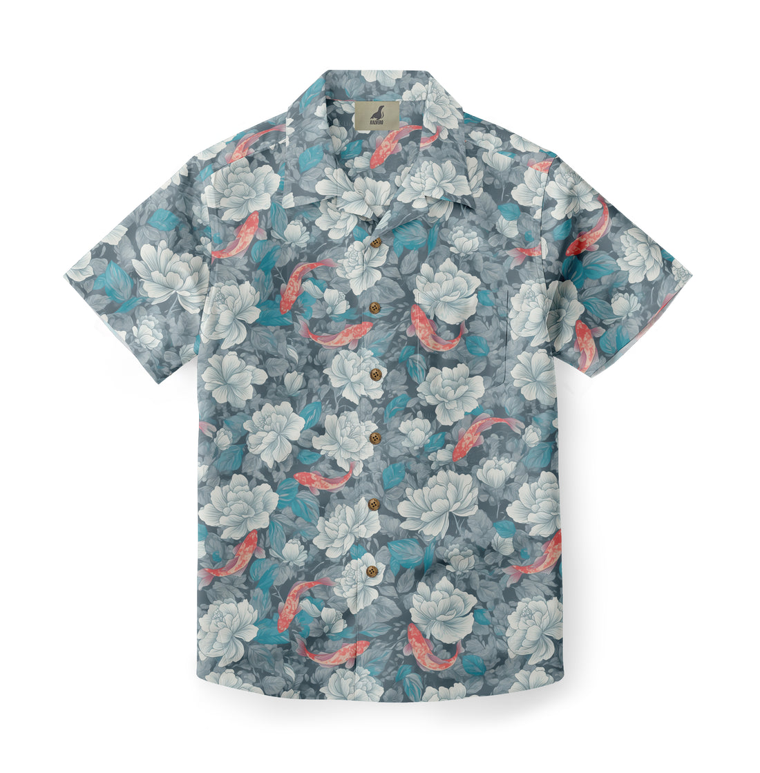A floral-patterned short-sleeve shirt with white flowers, blue.