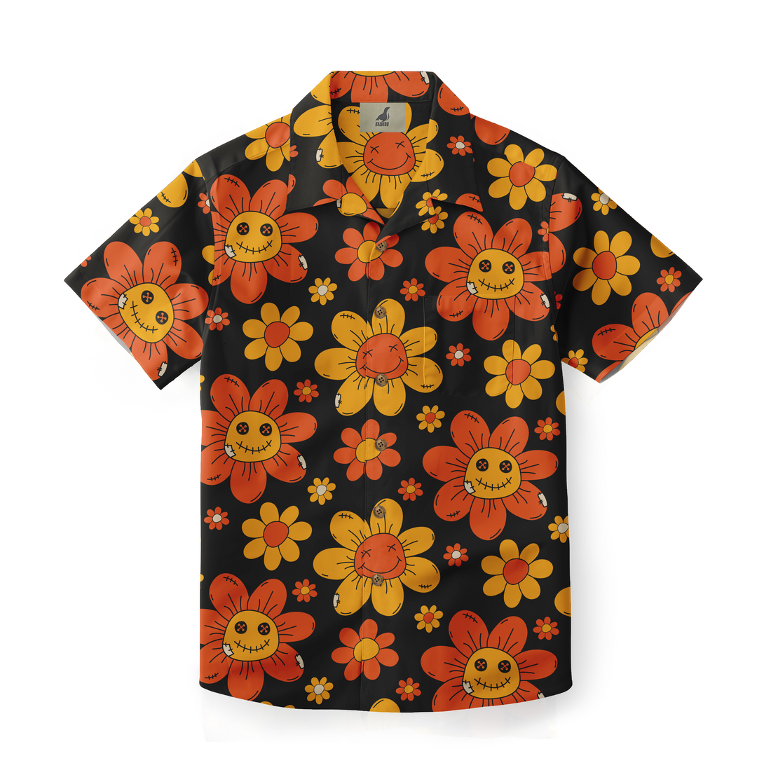 Black Hawaiian shirt with orange and yellow flowers featuring.