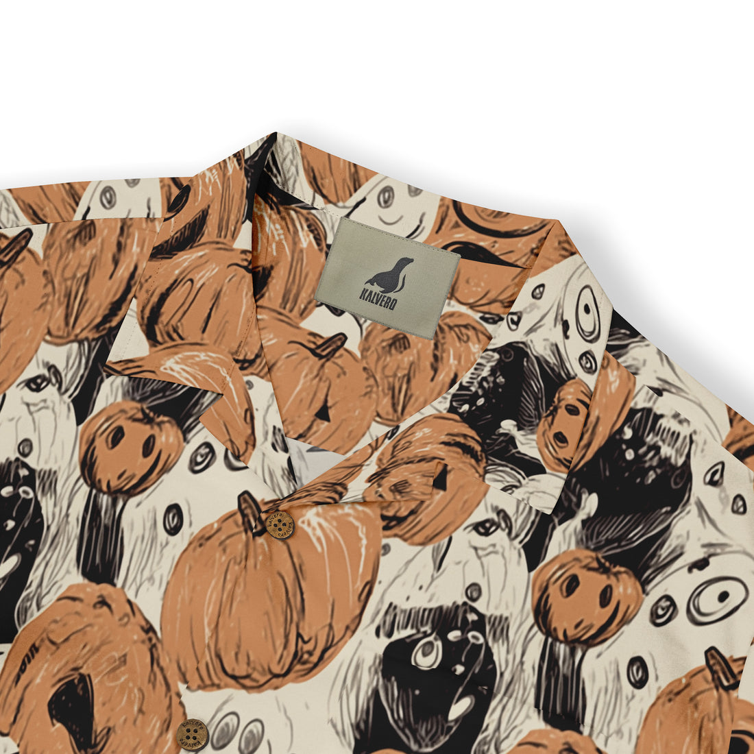 Halloween-themed shirt with pumpkin and ghost print, featuring.