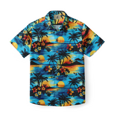 Vibrant Hawaiian shirt with tropical sunset, palm trees, and flowers.