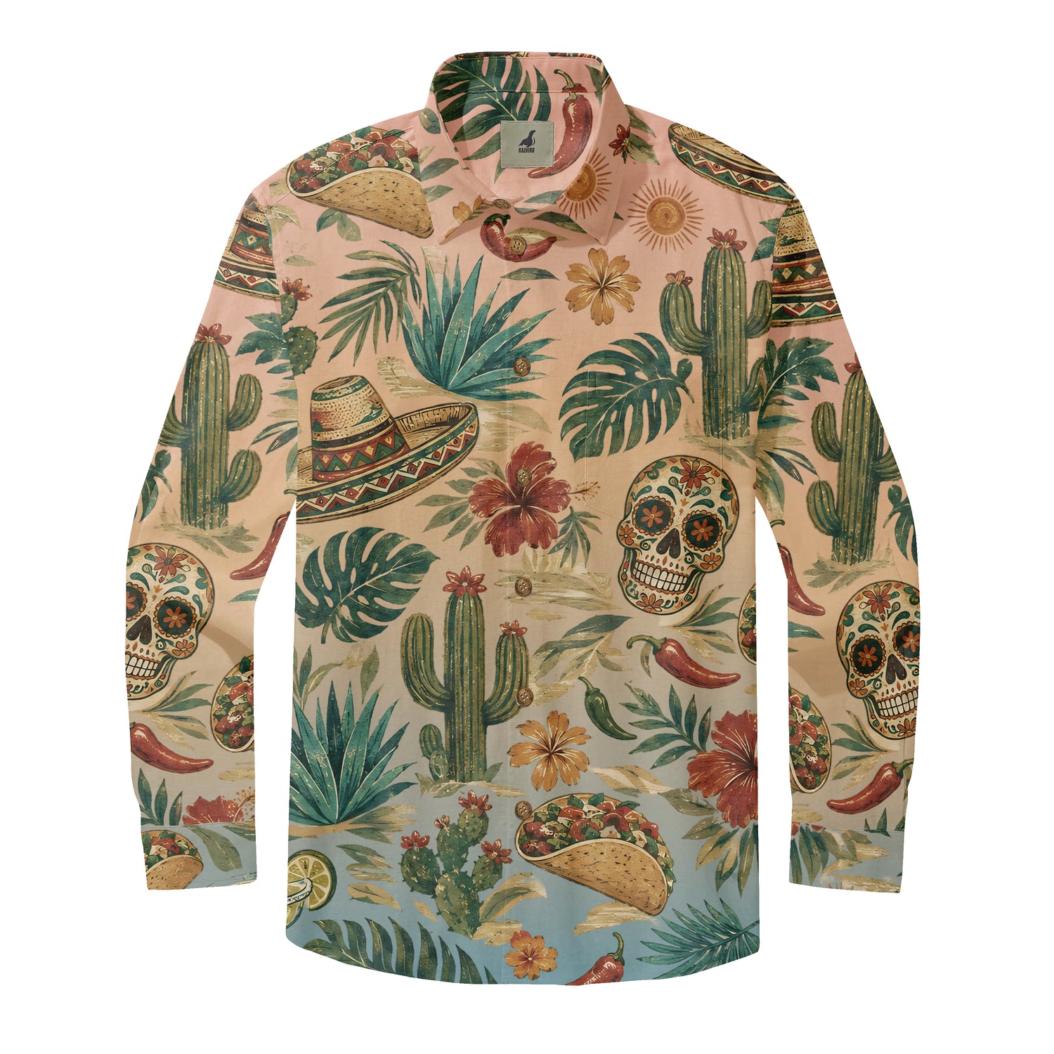 Desert Fiesta sugar skull long sleeve Hawaiian shirt with cactus, agave, sombrero, taco and tropical floral print