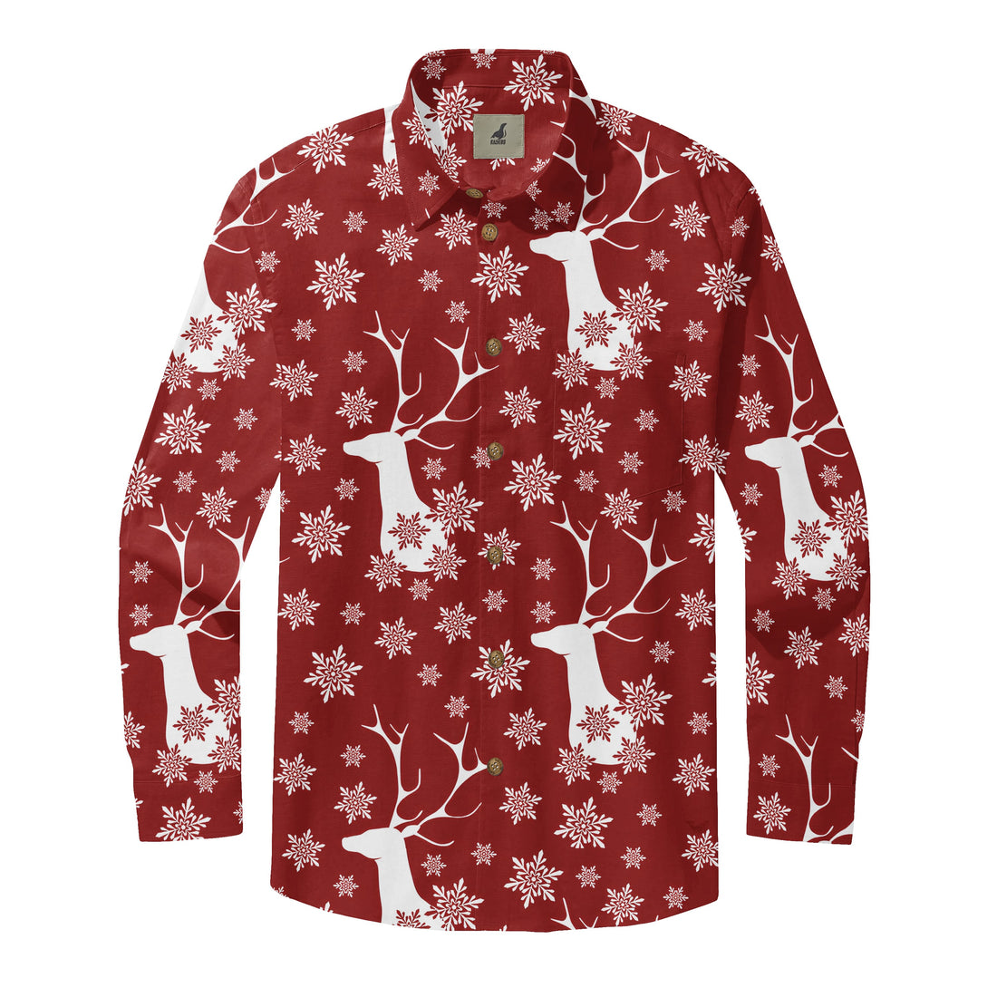 Red long-sleeve shirt with white reindeer and snowflake pattern.