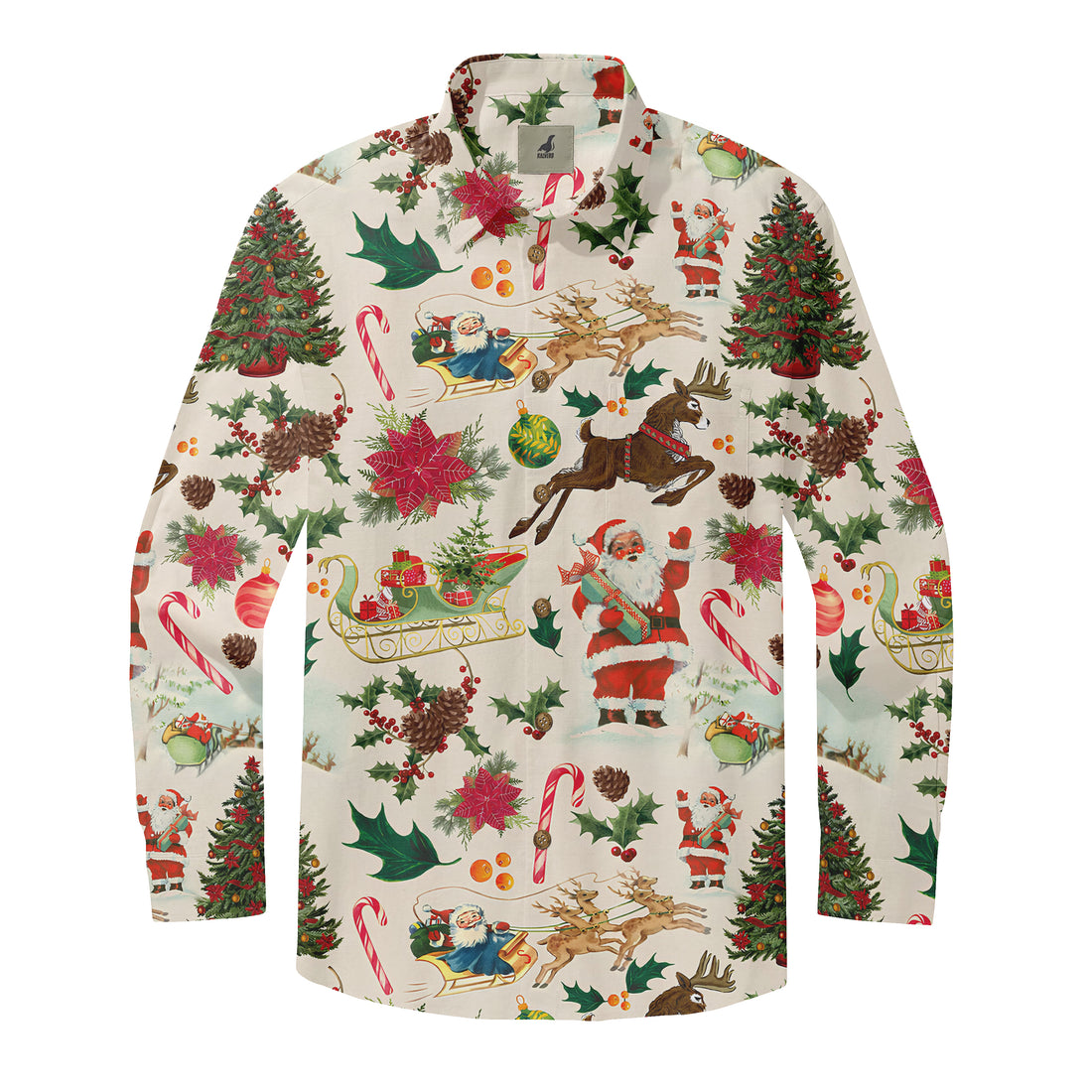Christmas-themed long-sleeve shirt with festive patterns including.