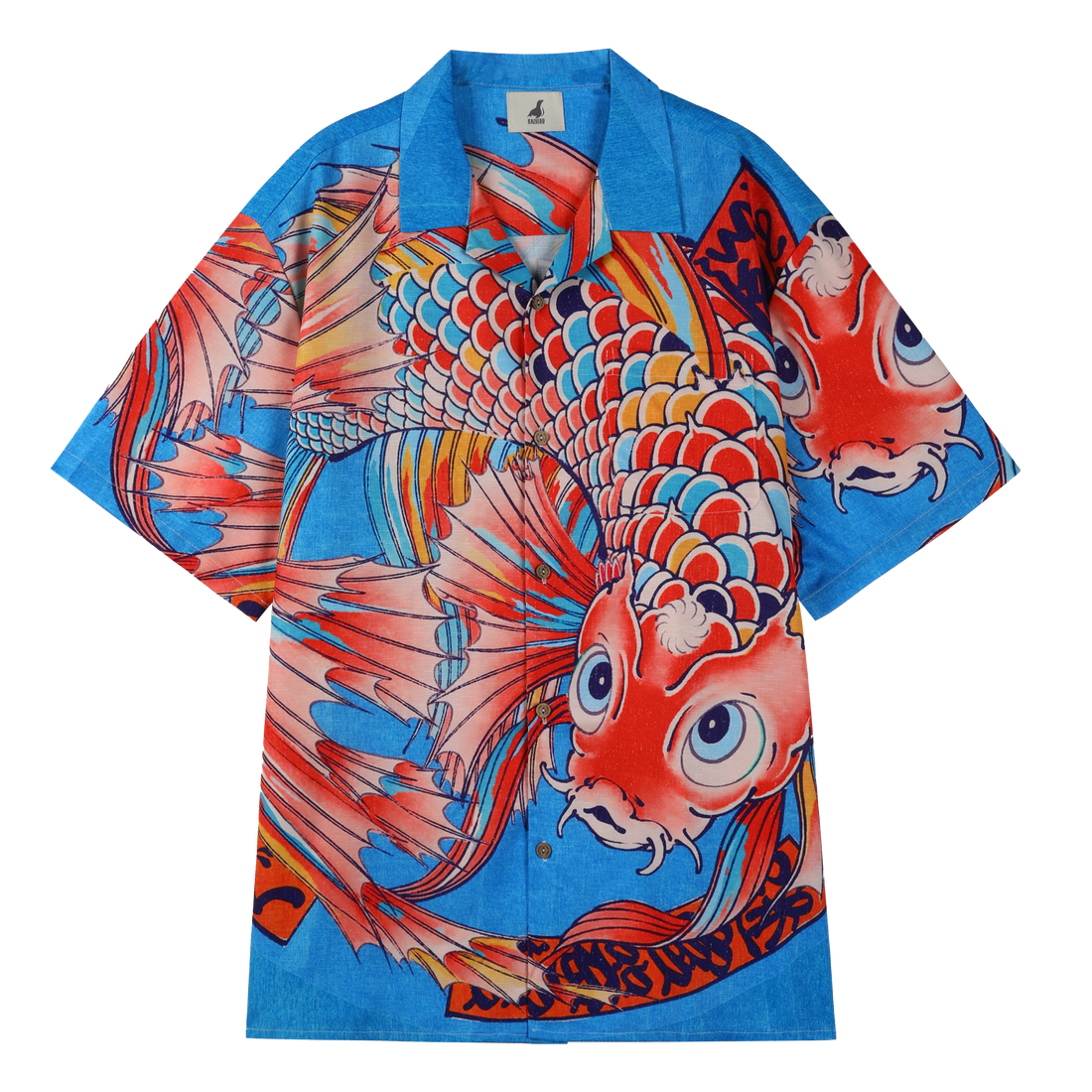 Blue shirt with vibrant koi fish design.
