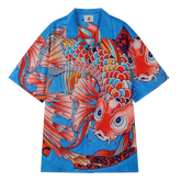 Blue shirt with vibrant koi fish design.