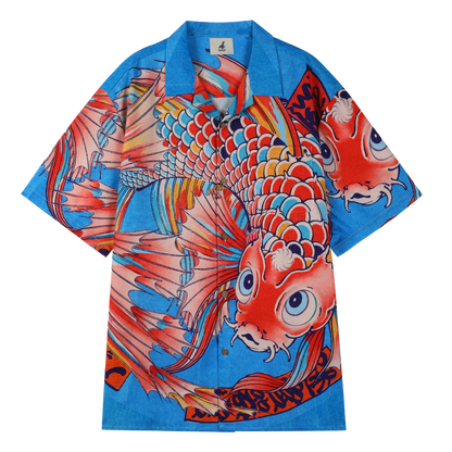 Blue shirt with vibrant koi fish design.