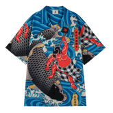 Vibrant shirt with sumo wrestler, koi fish, and waves design.