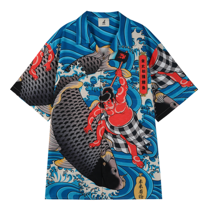 Vibrant shirt with sumo wrestler, koi fish, and waves design.