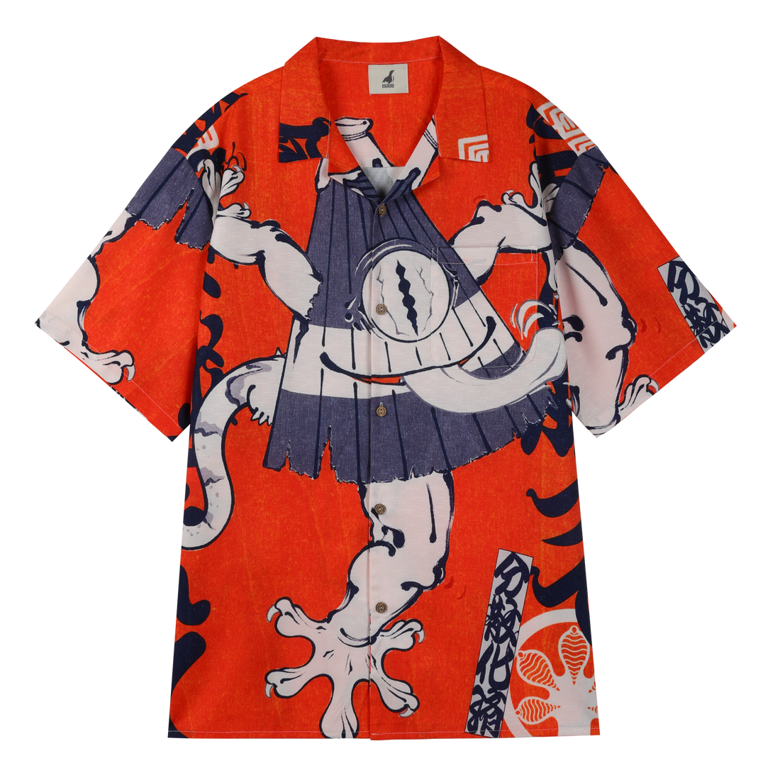 Orange shirt with blue and white abstract design.