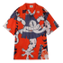 Orange shirt with blue and white abstract design.