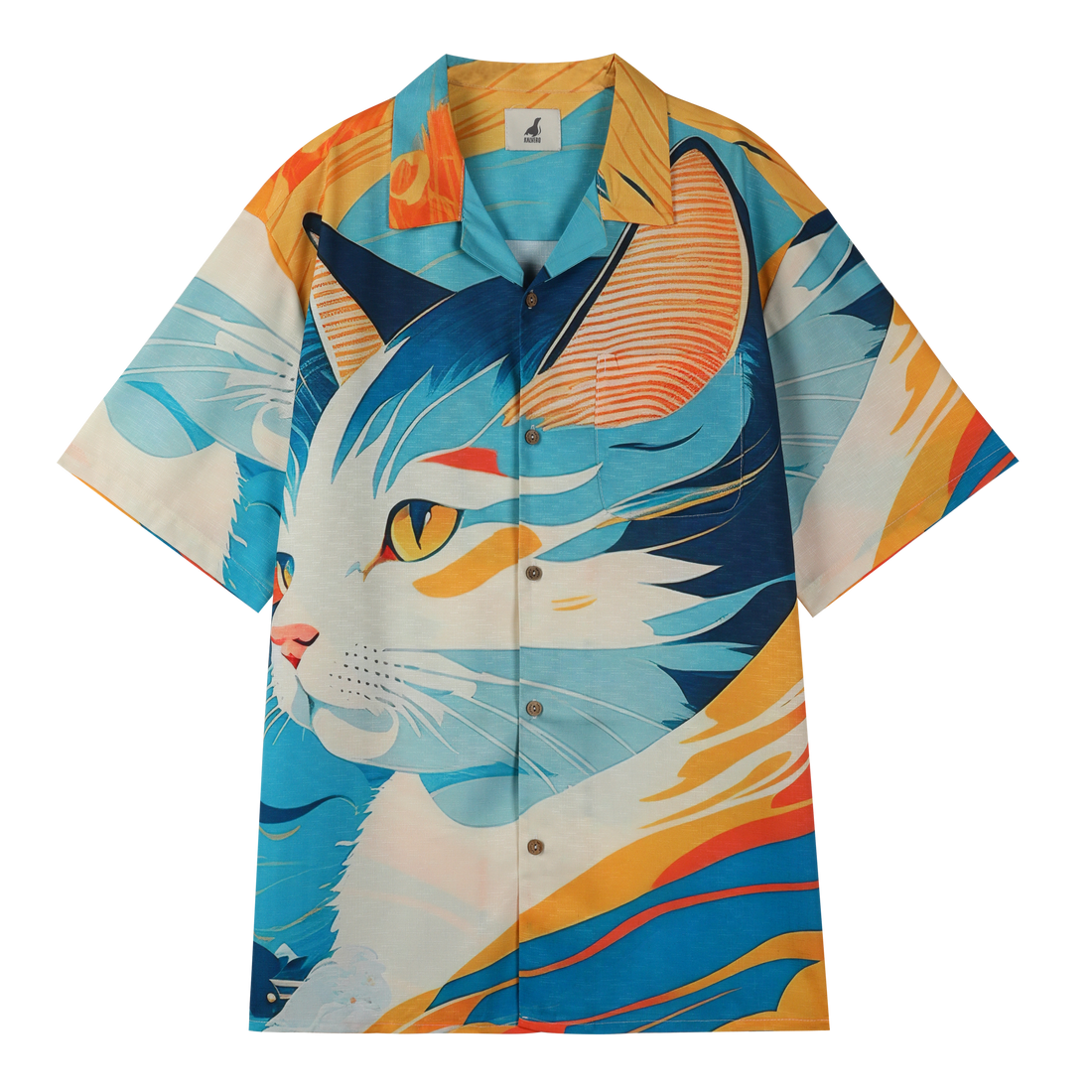 Colorful shirt with blue cat design and vibrant patterns.