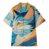 Colorful shirt with blue cat design and vibrant patterns.