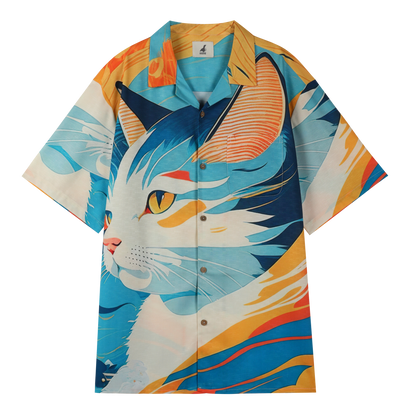 Colorful shirt with blue cat design and vibrant patterns.