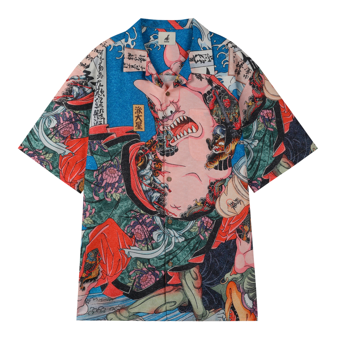 Colorful shirt with Japanese art design, featuring a large face.