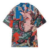 Colorful shirt with Japanese art design, featuring a large face.