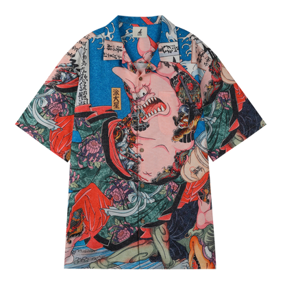 Colorful shirt with Japanese art design, featuring a large face.