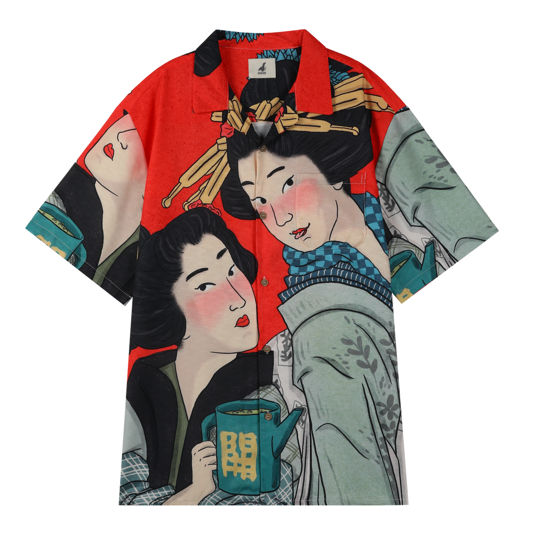 Red shirt with Japanese art, women in kimonos holding teapot.