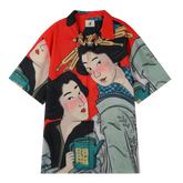 Red shirt with Japanese art, women in kimonos holding teapot.
