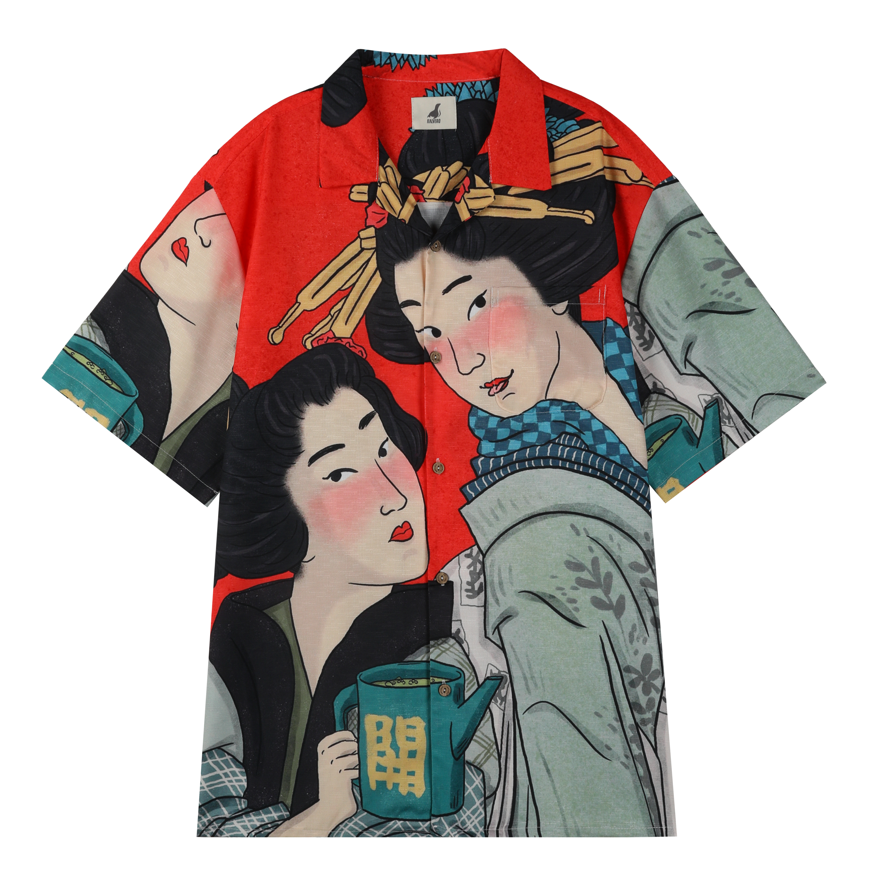 Red shirt with Japanese art, women in kimonos holding teapot.
