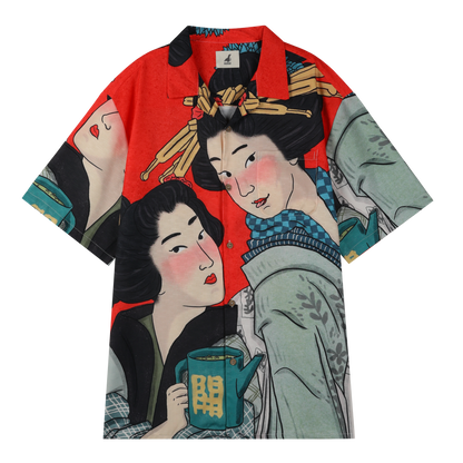 Red shirt with Japanese art, women in kimonos holding teapot.
