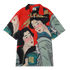 Red shirt with Japanese art, women in kimonos holding teapot.