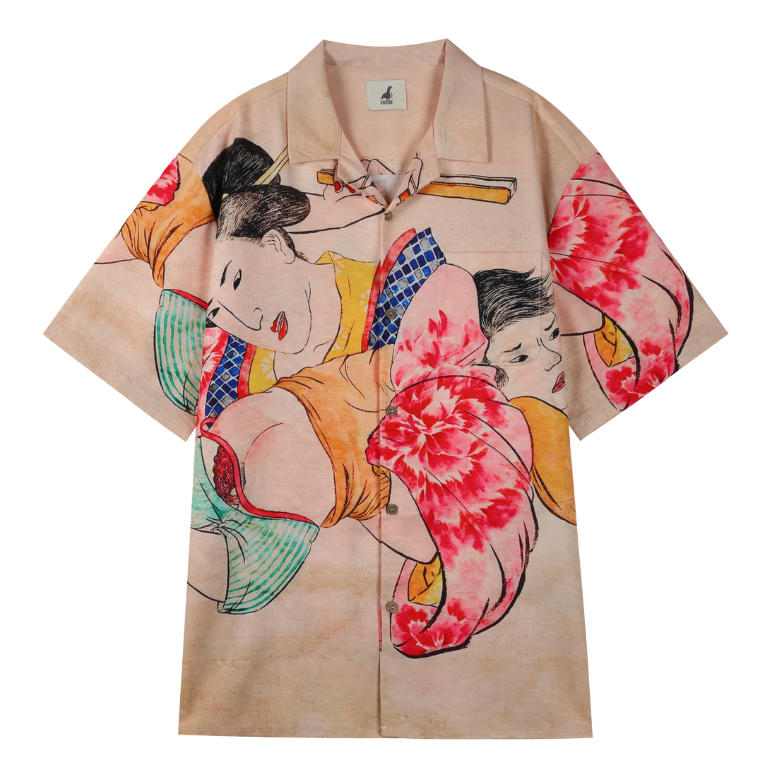 Beige shirt with colorful cartoon couple design.
