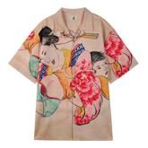 Beige shirt with colorful cartoon couple design.