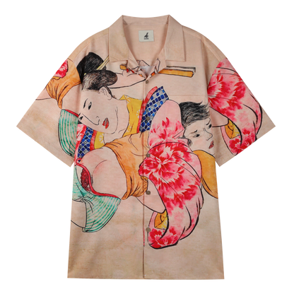 Beige shirt with colorful cartoon couple design.