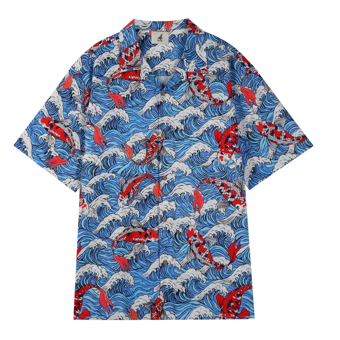 Blue shirt with red koi fish and wave patterns.