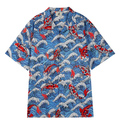 Blue shirt with red koi fish and wave patterns.
