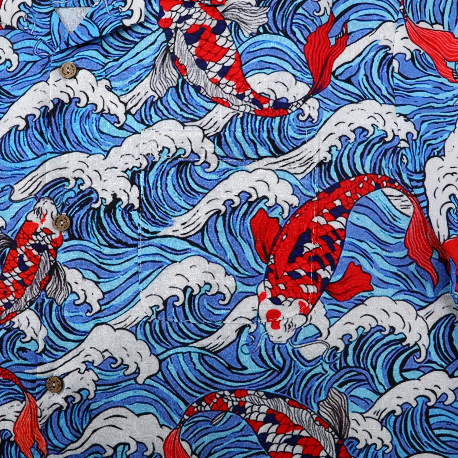 Blue wave pattern shirt with red koi fish design.