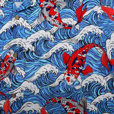 Blue wave pattern shirt with red koi fish design.