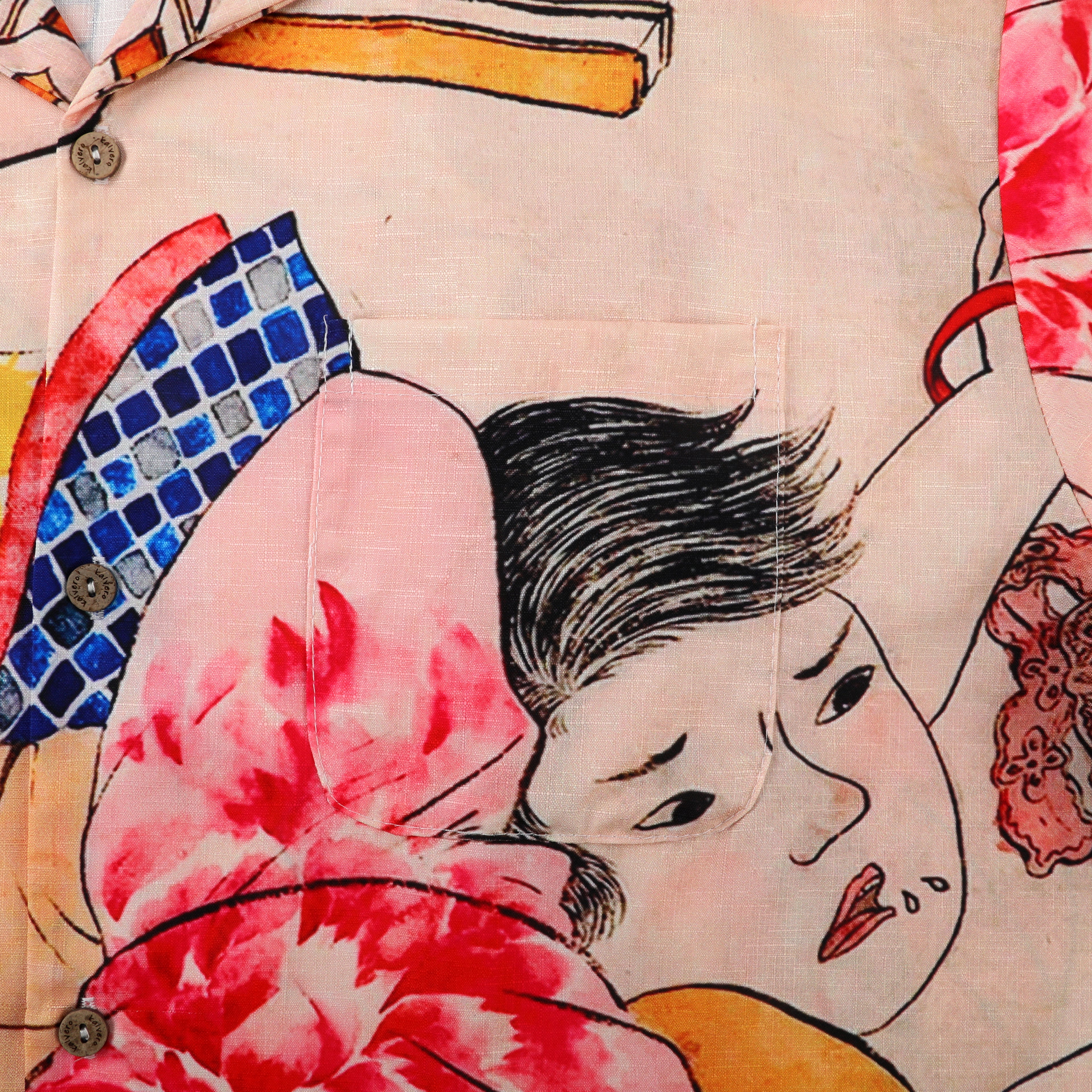 Vintage shirt with Japanese art print, floral and geometric patterns.