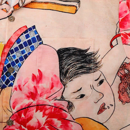 Vintage shirt with Japanese art print, floral and geometric patterns.