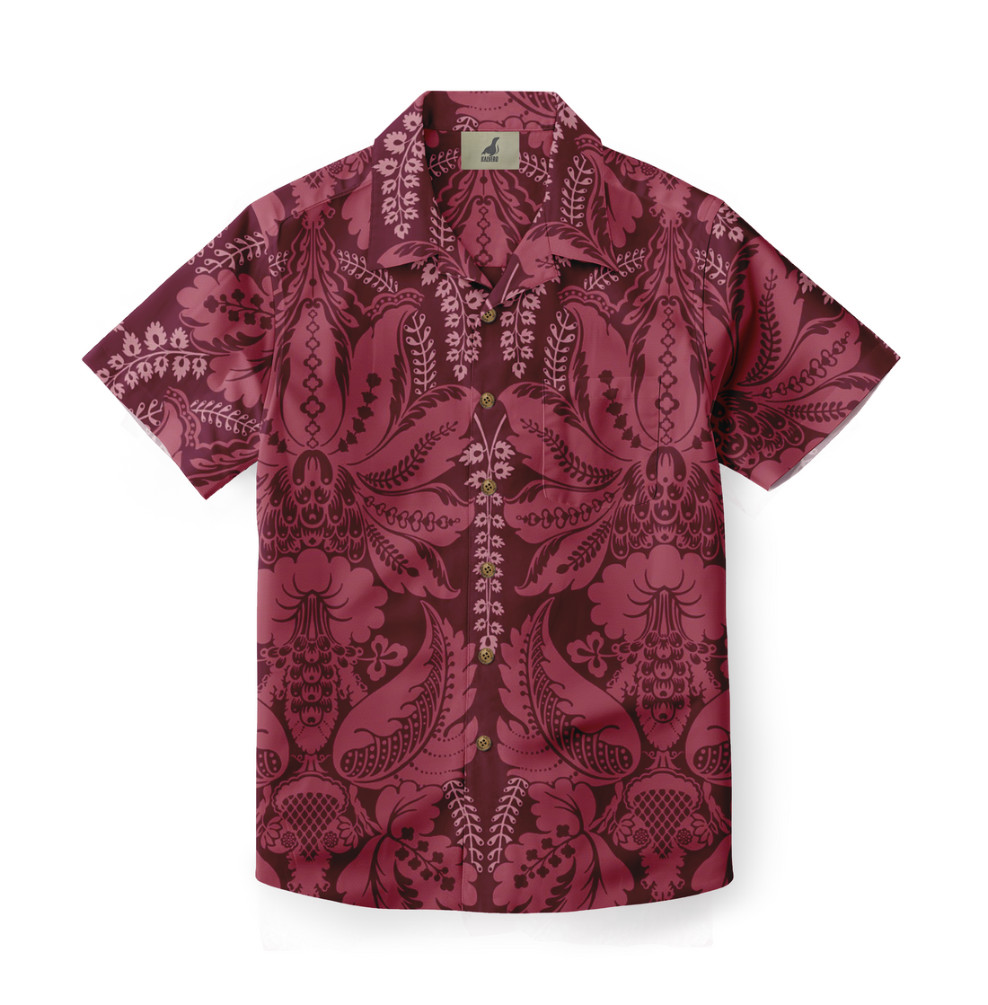 Maroon short-sleeve shirt with intricate floral pattern and gold.