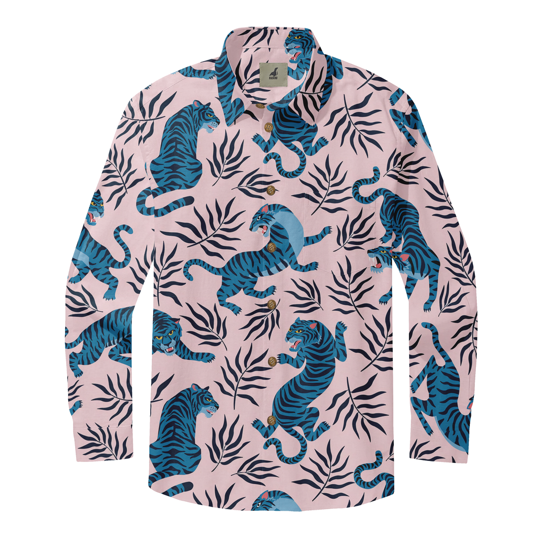 Pink shirt with blue tiger and leaf print.