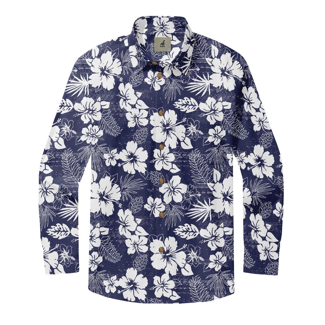 Navy blue shirt with white floral pattern and buttons.