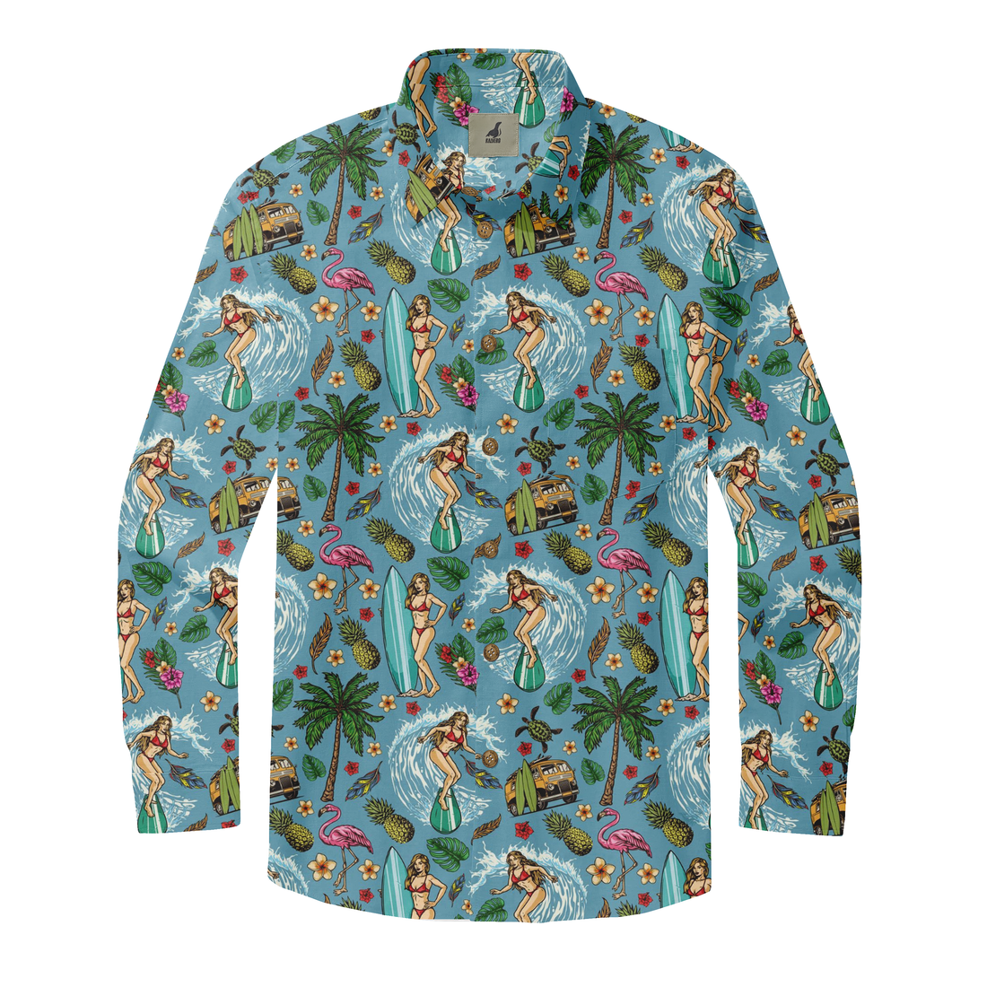 Tropical-themed long-sleeve shirt with surfers, palm trees.