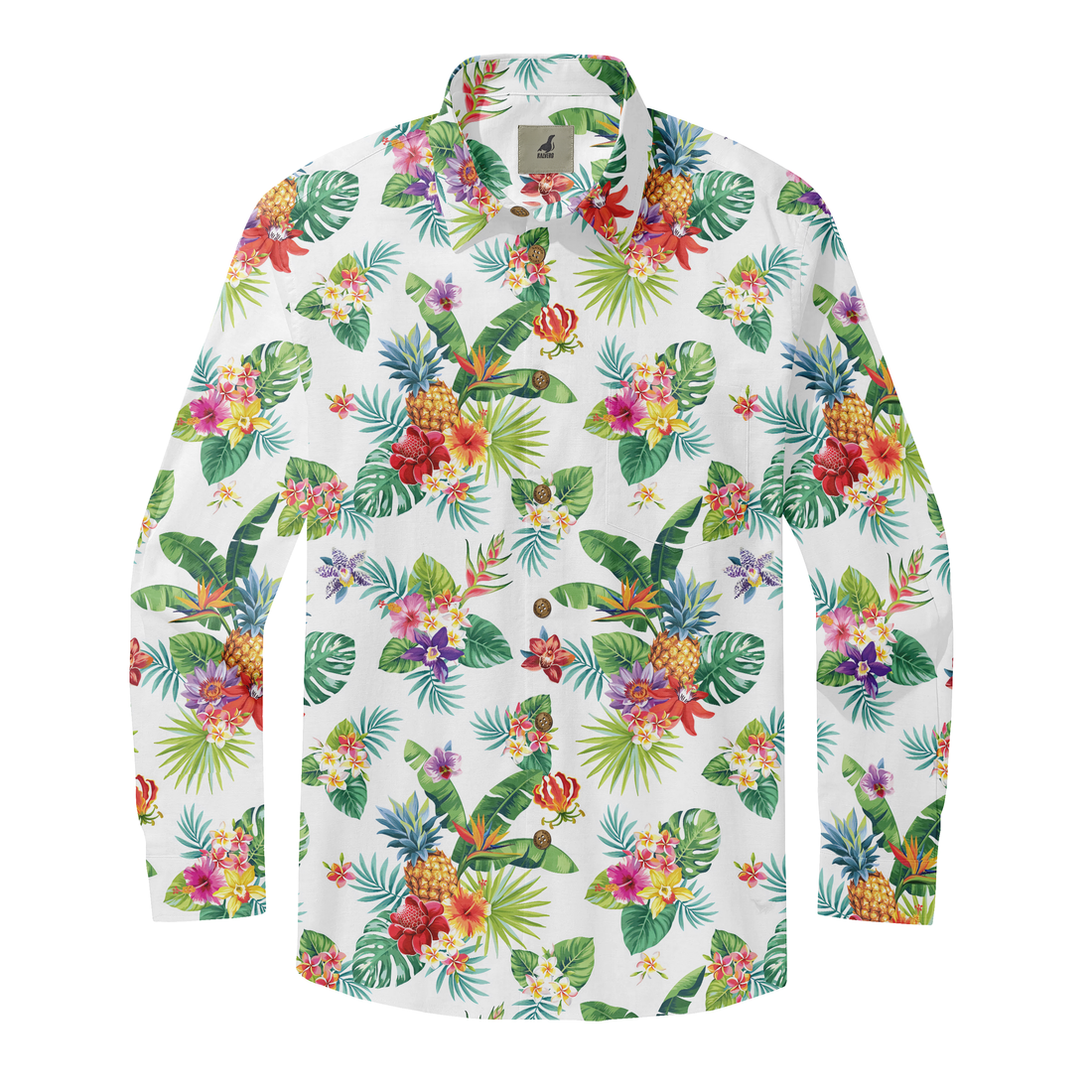 White shirt with colorful tropical flowers and leaves print.